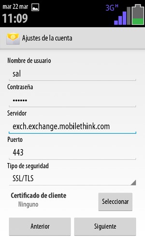 Introduzca Nombre de usuario y la dirección de servidor Exchange. Seleccione Siguiente