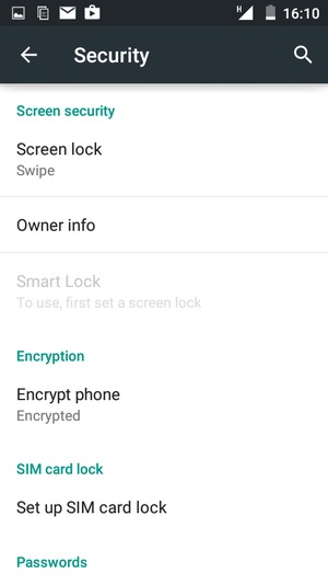 To activate your screen lock, go to the Security menu and select Screen lock