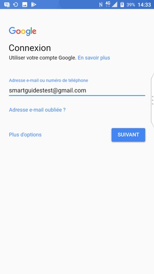 Saisissez votre adresse Gmail et sélectionnez SUIVANT