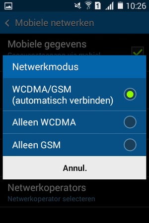 Selecteer Alleen GSM om 2G in te schakelen en WCDMA/GSM (automatisch verdbinden) om 3G in te schakelen