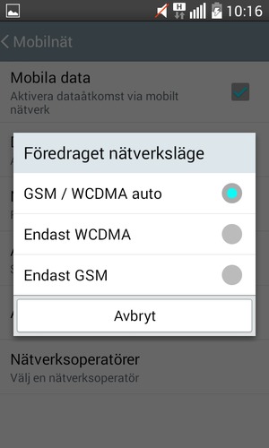 Välj Endast GSM för att aktivera 2G och GSM / WCDMA auto  för att aktivera 3G