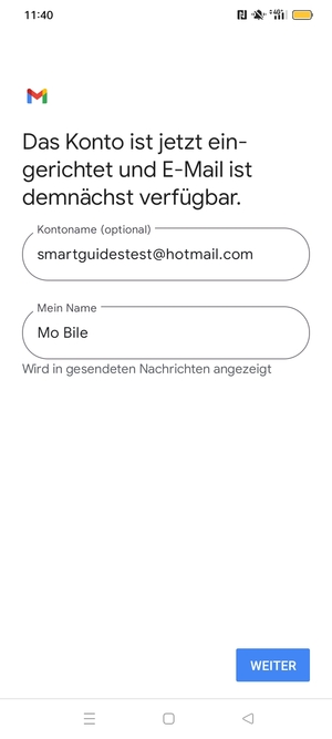 Geben Sie Ihrem Konto einen Namen und geben Sie Ihren Namen ein. Wählen Sie WEITER