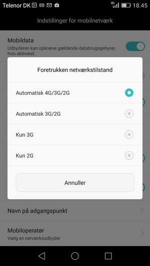 Vælg Kun 2G / Kun GSM for at aktivere 2G