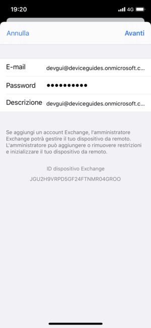 Inserisci informazioni email di Exchange e seleziona Avanti