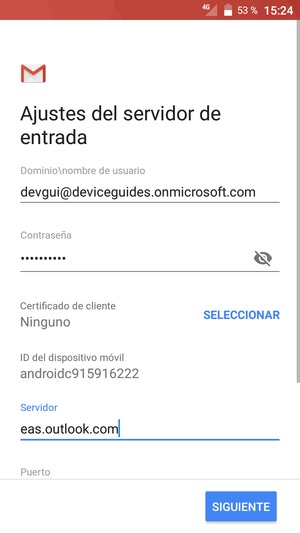 Introduzca Nombre de usuario y la dirección de servidor Exchange. Seleccione SIGUIENTE