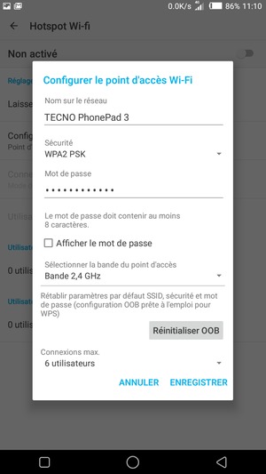 Saisissez un mot de passe de hotspot Wi-Fi d'au moins 8 caractères et sélectionnez ENREGISTRER