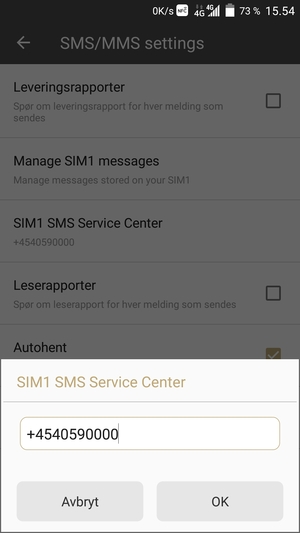 Skriv inn SIM SMS Service Center nummer og velg OK
