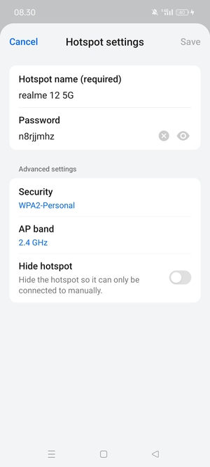 Enter a Wi-Fi hotspot password of at least 8 characters and select Save