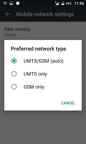 Select GSM only to enable 2G and UMTS/GSM (auto) to enable 3G