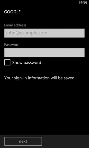 Enter your Email address and Password. Select next