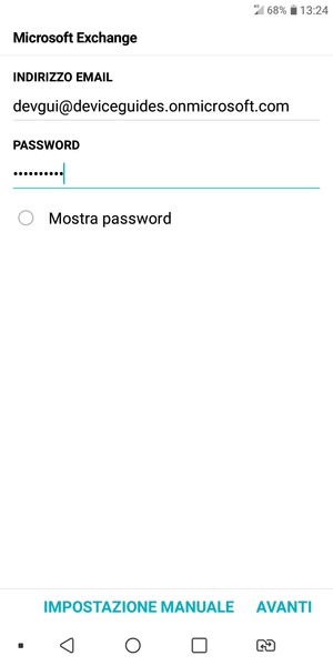 Inserisci il tuo indirizzo email e password. Seleziona IMPOSTAZIONE MANUALE