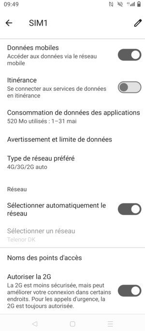 Pour changer de réseau en cas de problèmes de réseau, désactiver le Sélectionner automatiquement le réseau