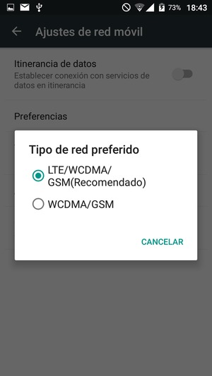 Seleccione WCDMA/GSM para habilitar 3G y LTE/WCDMA/GSM (Recomendado) para habilitar 4G