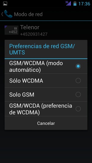 Seleccione Solo GSM para habilitar 2G y WCDMA/GSM (modo automático) para habilitar 3G