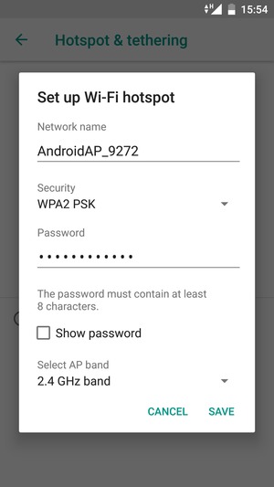 Enter a Wi-Fi hotspot password of at least 8 characters and select SAVE