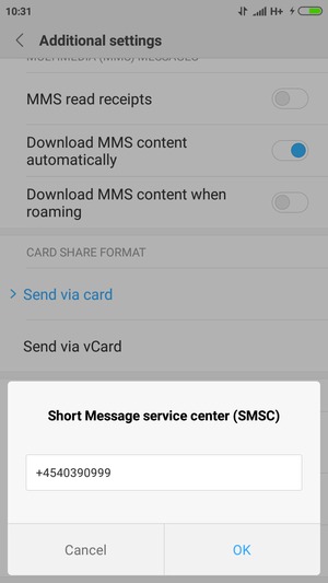 Enter the Short Message service center (SMSC) number and select OK