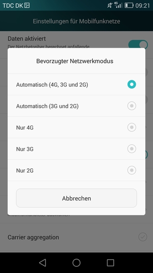 Wählen Sie Automatisch (3G und 2G), um 3G zu aktivieren und Automatisch (4G, 3G und 2G), um 4G zu aktivieren