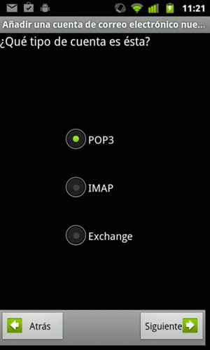 Select POP3 or IMAP and select Siguiente