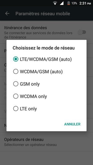 Sélectionnez WCDMA/GSM (auto) pour activer la 3G et LTE/WCDMA/GSM (auto) pour activer la 4G