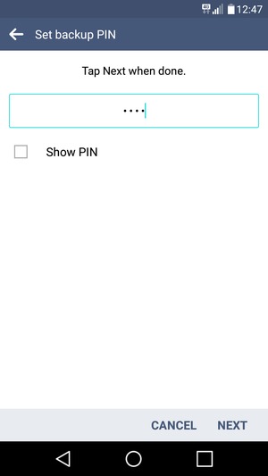 Enter a Backup PIN and select NEXT