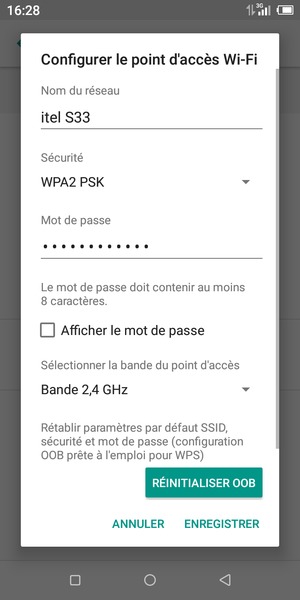 Saisissez un mot de passe de hotspot Wi-Fi d'au moins 8 caractères et sélectionnez ENREGISTRER