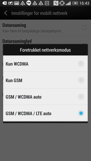Velg GSM / WCDMA / LTE auto for å aktivere 4G