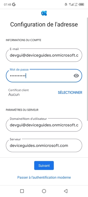 Saisissez votre Nom d'utilisateur et l'adresse du serveur Exchange. Sélectionnez Suivant