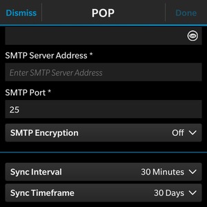 Enter Outgoing server address and set SMTP Encryption to Off. Select Done