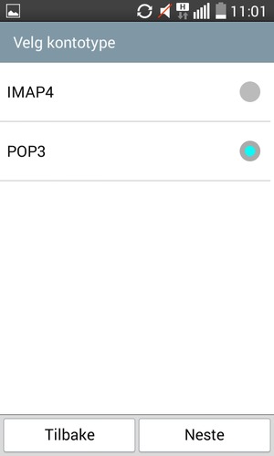 Velg IMAP4 eller POP3 og velg Neste