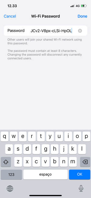 Enter a Wi-Fi hotspot password of at least 8 characters and select Done