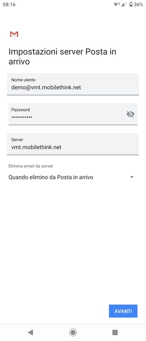 Inserisci Nome utente e l'indirizzo del server di posta in arrivo. Seleziona AVANTI