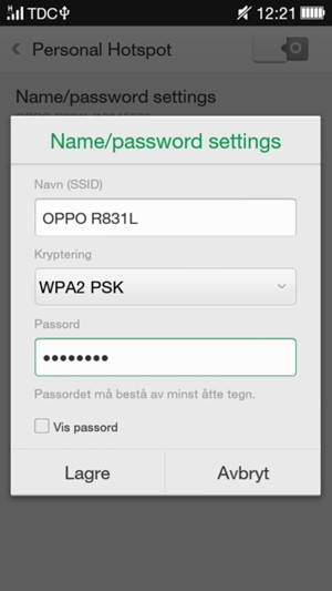 Skriv inn et Wi-Fi hotspot-passord på minst 8 tegn og velg Lagre