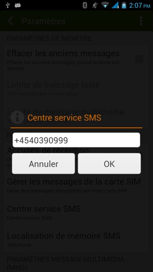 Saisissez le numéro du Centre service SMS et sélectionnez OK