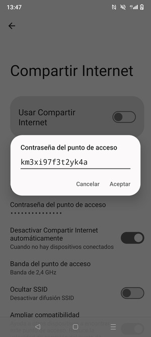 Introduzca una contraseña de punto de acceso Wi-Fi de al menos 8 caracteres y seleccione Aceptar