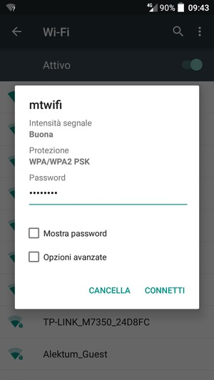 Inserisci la password del Wi-Fi e seleziona CONNETTI
