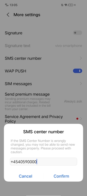 Enter the SMS center number number and select Confirm