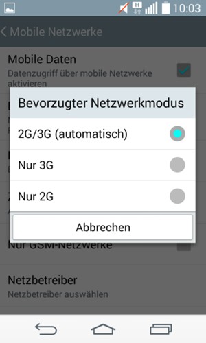 Wählen Sie Nur 2G, um 2G zu aktivieren und 2G/3G (automatisch), um 3G zu aktivieren