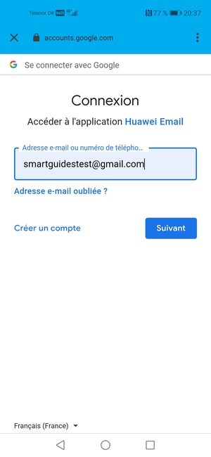 Saisissez votre adresse Gmail et sélectionnez suivant