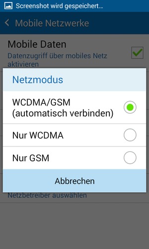 Wählen Sie Nur GSM, um 2G zu aktivieren und WCDMA/GSM (automatisch verbinden), um 3G zu aktivieren
