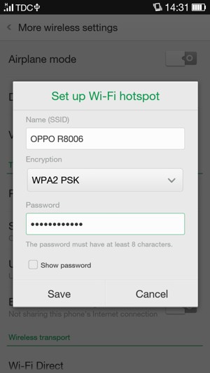 Enter a Wi-Fi hotspot password of at least 8 characters and select Save