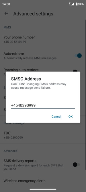 Enter the SMS service centre number and select OK