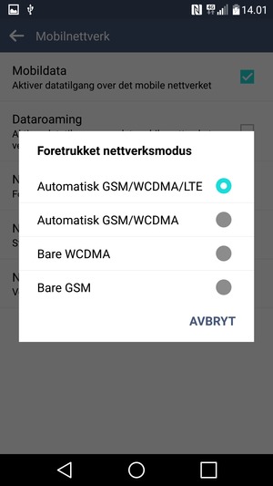 Velg Bare GSM for å aktivere 2G og Automatisk GSM/WCDMA for å aktivere 3G