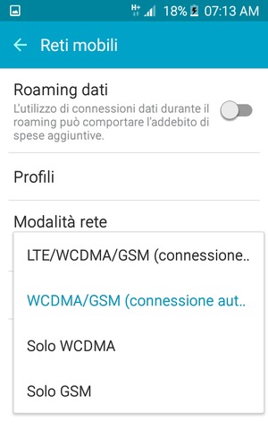 Seleziona Solo GSM per abilitare 2G e WCDMA/GSM (connessione automatico) per abilitare 3G
