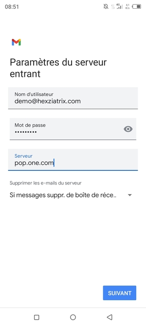 Saisissez votre Nom d'utilisateur et l'adresse du serveur entrant. Sélectionnez SUIVANT