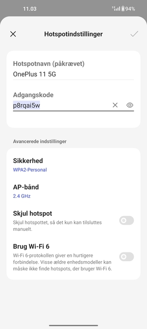 Indtast en Wi-Fi-hotspot adgangskode på minimum 8 tegn og vælg OK