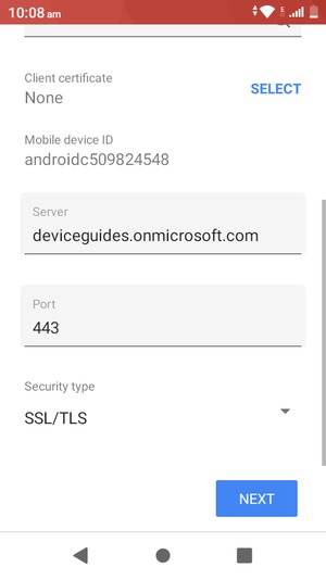 Scroll down and enter  Exchange server address. Select NEXT