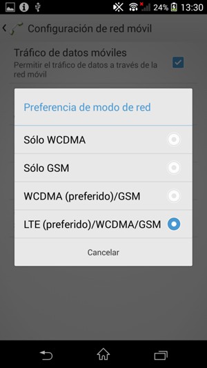 Seleccione WCDMA (preferido)/GSM para habilitar 3G y LTE (preferido)/WCDMA/GSM para habilitar 4G