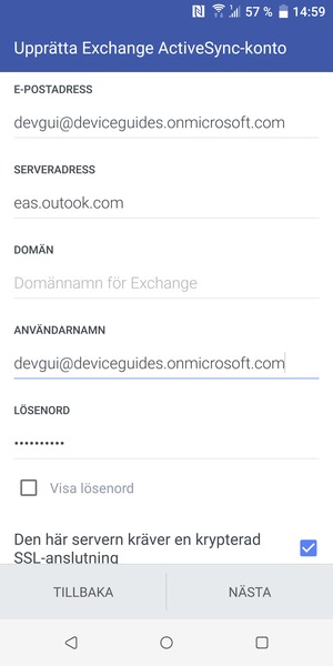 Ange Användarnamn och Exchange serveradress. Välj NÄSTA