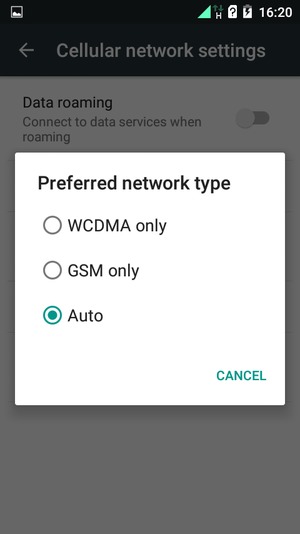 Select GSM only to enable 2G and WCDMA only to enable 3G