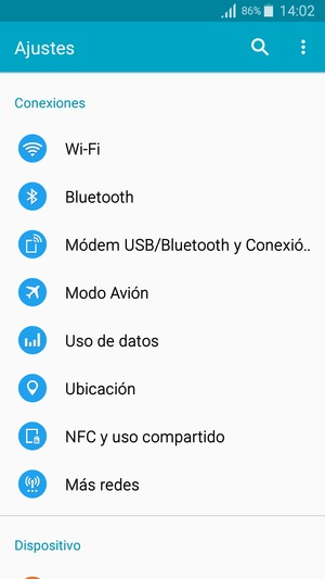 Desplácese y seleccione Módem USB/Bluetooth y Conexió.